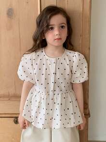 DAZY Kemeja Anak Perempuan Lengan Pendek Kerah Bulat Motif Polkadot dan Patchwork - Khaki - View 4