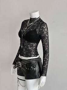 SHEIN Unity Modisches schwarzes sexy Damen-Spitzen-Top - Schwarz - Übersicht 4