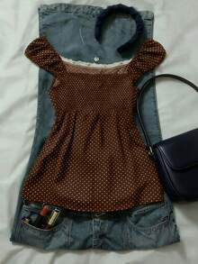 INAWLY Navy Blue Polka Dot Square Neck Petal Sleeve Tie Waist Blouse - Brown - View 2