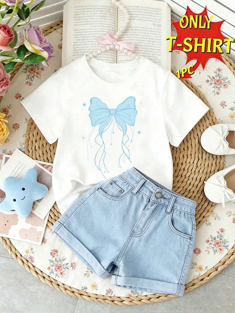 Elladie kids Haine de primăvară și vară, primăvară, vară, toamnă, pentru fete mici, casual, fashion, creative, personalizate, răcoritoare, proaspete, minimaliste, drăguțe, kawaii, cu desen animat, fund albastru, model cu inimă, imprimat, stil casual, tricou scurt basic, confortabil pentru purtare zilnică, stiluri primăvăratece, de vară și toamnă, potrivite pentru ținute de primăvară, vară și toamnă pentru fete, topuri - alb - Vizualizare 1