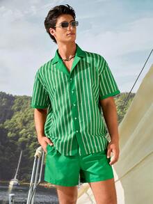 Manfinity VDAYZ Men's Vacation Striped Short Sleeve Single-Breasted Shirt And Shorts Beach Set, Holiday - Green - View 5