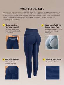 GLOWMODE Legging Olahraga Lari/Gym dengan Pinggang Tinggi 3 Panel, Lembut, Tanpa Jahitan, dan Efek Mengangkat Bokong, Ukuran 24" Ultrafine, Lembut, dan Tanpa Jahitan, Cocok untuk Latihan Berdampak Sedang, Lari, dan Olahraga di Gym. - Dark Blue - View 3