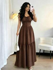 Vestido casual de mujer con estampado de lunares, verano - Café integral - Ver 4