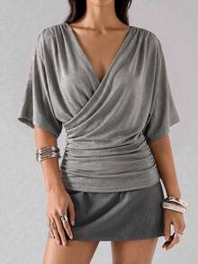 LYSMO Women's Elegant Khaki Draped Neck Ruffle T-Shirt, Summer Top - Khaki - View 4