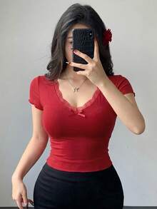 DAZY 女款方領短袖修身T恤 夏季 - 紅色 - 查看 4