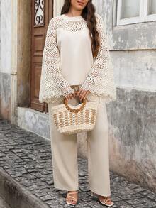 Lacomfia Conjunto de 2 piezas para mujer talla grande con top largo de manga acampanada con calados y pantalones estilo bohemio - Albaricoque - Ver 1
