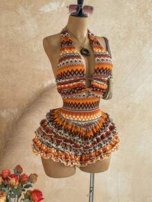 Soleia Mono de mujer estilo vacaciones de playa con cuello halter, lazo, multicapa, patrón bohemio de rayas geométricas y fruncido - Multicolor - Ver 5