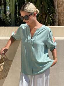 Livesso Women's V-Neck Solid Color Floral Embroidered Cuff Pleated Blouse - Green - View 5