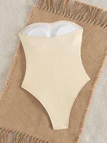 Swim Chiccia Women's Solid Color Bandeau Ruched One-Piece Swimsuit Beach Summer Outfit - Apricot - View 5