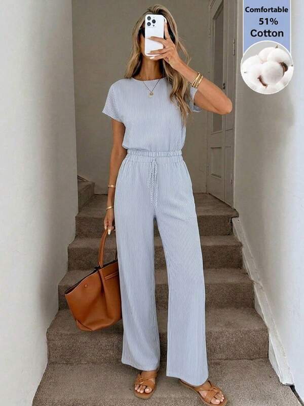 Easowa 女士圆领条纹短袖上衣和阔腿裤休闲两件套