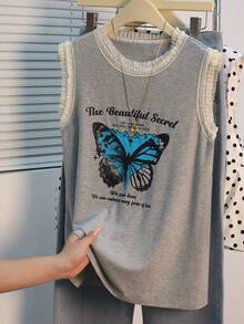 EMERY ROSE Women's Letter Butterfly Print Frill Trim Casual Fairycore Graphic Versatile Daily Date Outing T-Shirt Grey Summer - Grey - View 3