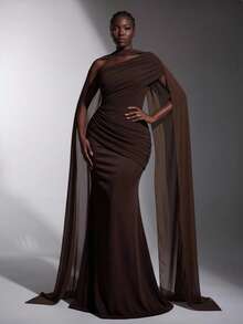 Elitara Plus-Size Elegant Dark Brown Asymmetrical Pleated Fishtail Gown With Train Perfect For Weddings Parties Grand Dinners For Wedding Party Formal - Coffee Brown - View 4
