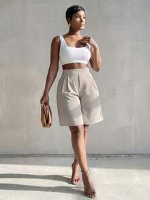 BamGlimmer Women's Summer Minimalist Elegant Casual Solid Color Elastic Waist Shorts Brunch Business Khaki - Apricot - View 6