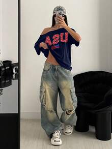 StreetHx Women's Loose White T-Shirt, Off Shoulder, USA Flag Print, Oversized For Summer - Navy Blue - View 4