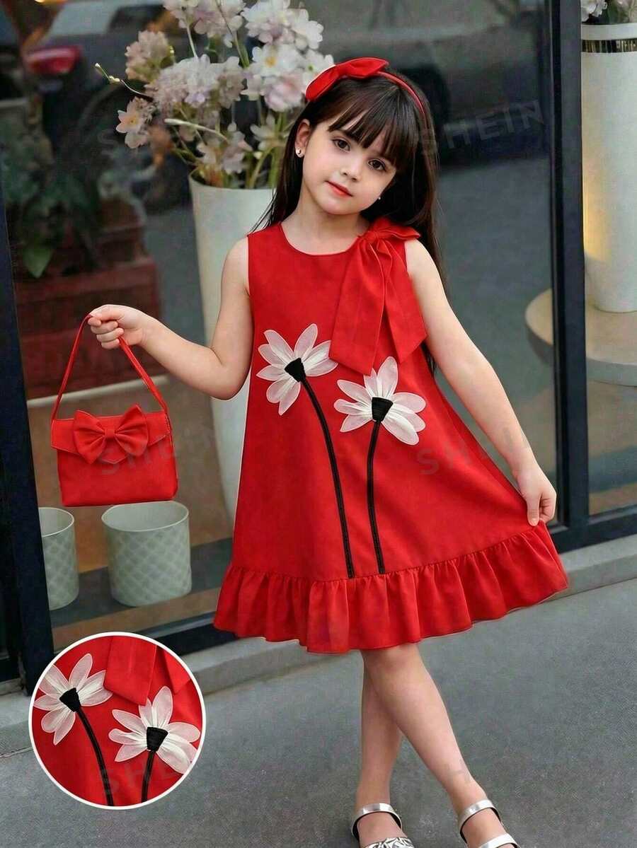 Elladie kids 女童無袖圓領紅色夏季仙女派對洋裝，3D花朵裝飾、蝴蝶結點綴、荷葉邊裙襬，適合生日、宴會、正式晚會，優雅風格