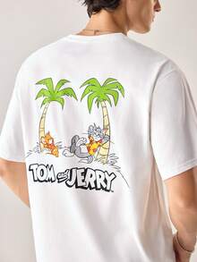 Strevion TOM & JERRY Men's Casual Versatile Simple Cat & Mouse Coconut Tree Print Short Sleeve T-Shirt - White - View 3