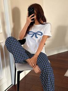Napfluff 可愛蝴蝶結刺繡上衣與格紋長褲女款睡衣套裝 - 藏蓝色 - 查看 6