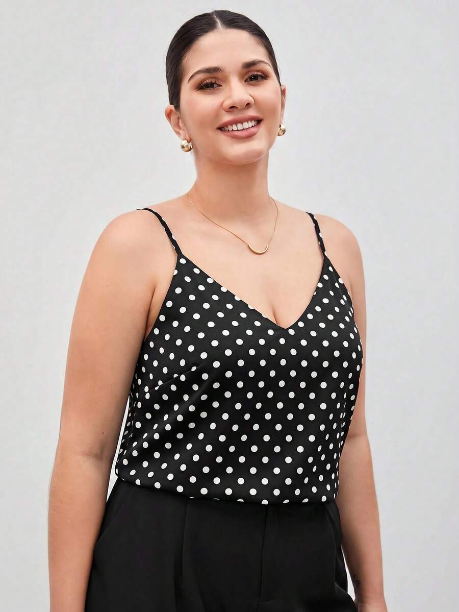 Maija Plus Size Summer Casual Polka Dot Print Camisole - Black - View 1