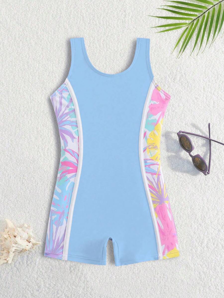SHEIN Tween Girl Colorblock Sweet Round Neck One-Piece Swimsuit Beach - Blue - View 1
