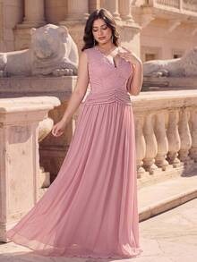 Aureia Plus Size Elegant Formal Dusty Pink Deep V-Neck Lace Patchwork Elastic Mesh Dress Trim A-Line For Prom Party Evening - Dusty Pink - View 5