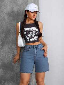 SHEIN Tall Celana Pendek Denim Wanita Kasual Gaya Y2K dengan Saku dan Kancing, Ukuran Wanita Tinggi - Biru - View 7