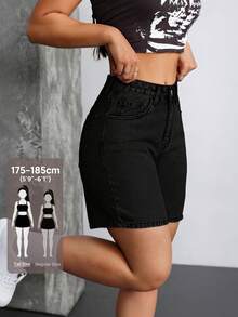 SHEIN Tall Y2K 中腰休閒水洗牛仔短褲 女款 - 黑色 - 查看 7