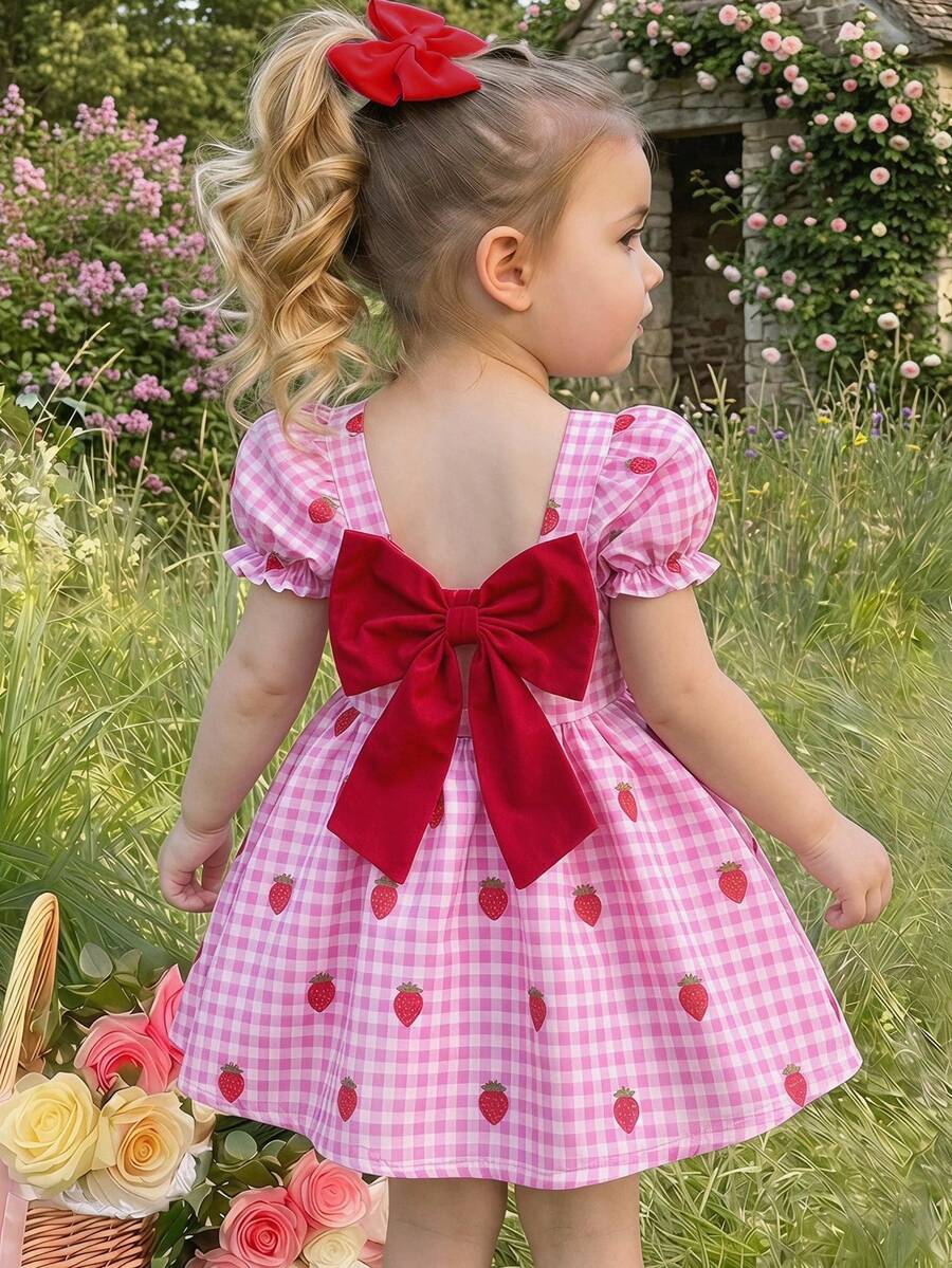 Vestido Casual de Gola Redonda com Laço Decorativo Floral Miúdo em Chiffon, Fofo, Primavera/Verão/Outono - Rosa chiclete - Visão 1