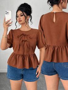 Elenzga Plus Size Women's Summer Solid Color Round Neck Puff Short Sleeve, Front Bow Tie, Cropped Ruffle Hem Blouse - Brown - View 1