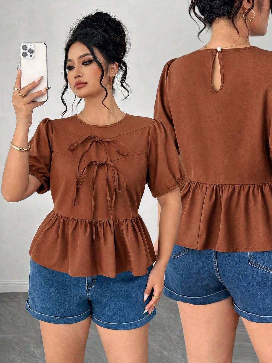 Elenzga Plus Size Women's Summer Solid Color Round Neck Puff Short Sleeve, Front Bow Tie, Cropped Ruffle Hem Blouse - Brown - View 1