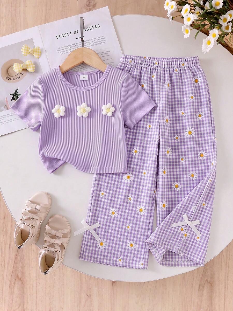 Genkimix Kids 2pcs/Set Young Girls Textured Tee With 3D Floral Decor & Casual Long Pants, Suitable For And Casual Outings - Purple - View 1