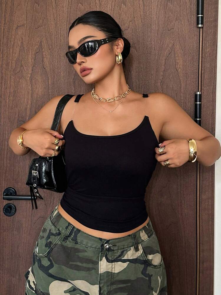Dazy Plus Plus Size Women's Fitted Patchwork Design Black Camisole Tank Top For Spring And Summer