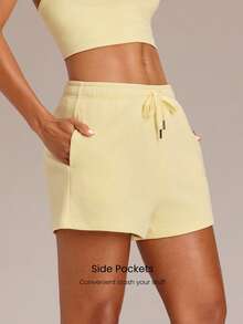 GLOWMODE 2.5" Everyday Terry Foldable High-Waist Drawstring Shorts Pocket Daily Casual - French Vanilla - View 3