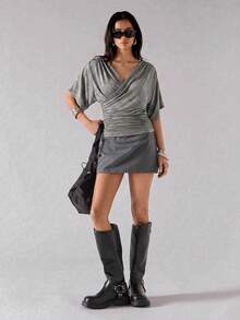 LYSMO Women's Elegant Khaki Draped Neck Ruffle T-Shirt, Summer Top - Khaki - View 5