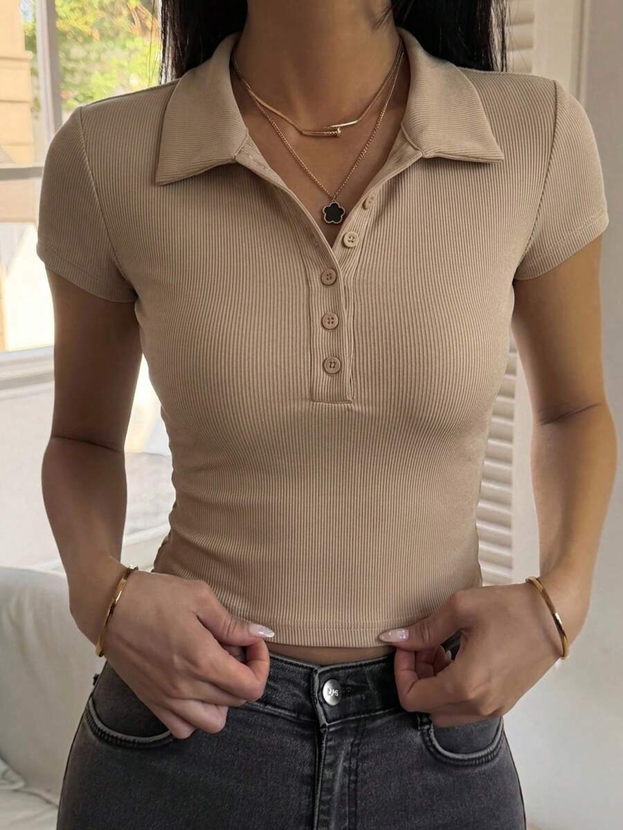 DAZY 女款翻領短袖修身底層性感休閒套頭街頭風T恤 夏季 - 卡其色 - 查看 1