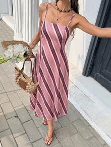 Serisse Women's Striped Pattern Spaghetti Strap A-Line Midi Dress - Pink - View 6
