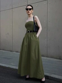 Siren Gaze 女式夏季上紧下宽针织拼接梭织休闲连衣裙，带侧袋 - 綠色 - 查看 5