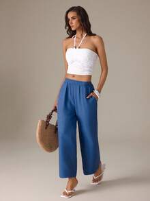 SHEIN Tall Women's Solid Color Minimalist Casual Elastic Waist Loose Long Pants Suitable For Daily Wear, Tall Women Vacation Blue Autumn - Blue - View 6