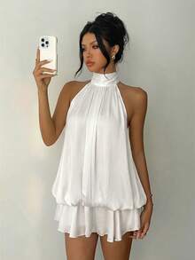 Vestido mini elegante de mujer con cuello halter y lazo en color amarillo claro - Gris - Ver 4