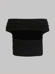 SHEIN Girlism Setelan Kasual Off-Shoulder 2 Potong untuk Anak Perempuan Remaja, Camisole Warna Polos - Hitam dan Putih - View 3