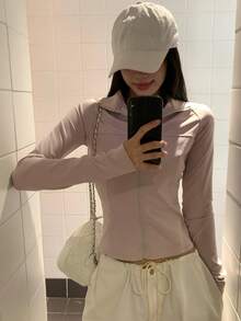 DAZY Outdoor Summer Autumn Stand Collar Long Sleeve Zipper Solid  Sheer Lightweight Sports Jacket Gym Athleisure Pink - Grey - View 7