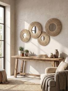 1 pieza Espejo redondo T para baño, Espejos T con marco de madera, espejo circular estilo bohemio para guardería, espejo de baño, espejo redondo, espejo de entrada, espejo bohemio, espejo sol, decoración de pared espejo para dormitorio, sala de estar, entrada, espejo de pared rústico circular de granja, espejo rústico costero circular para decoración de baño - Multicolor - Ver 8