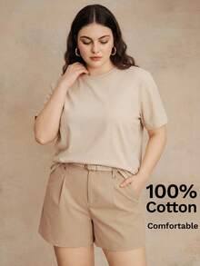 Anewsta Spring/Summer Minimalist Solid Color All-Match Versatile Plus Size Short Sleeve Comfortable Casual 100% Pure Cotton Women's Plus Size T-Shirt - Apricot - View 1