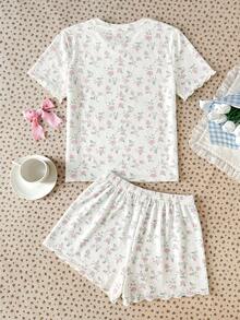 SHEIN 青少年女孩碎花圓領T恤短褲家居服，休閒款 - 彩色 - 查看 2