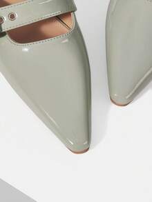 Mnmlis Patent Leather Pointed Toe Slingback Kitten Heel Sandals, French Commuter Temperament Shoes - Green - View 3