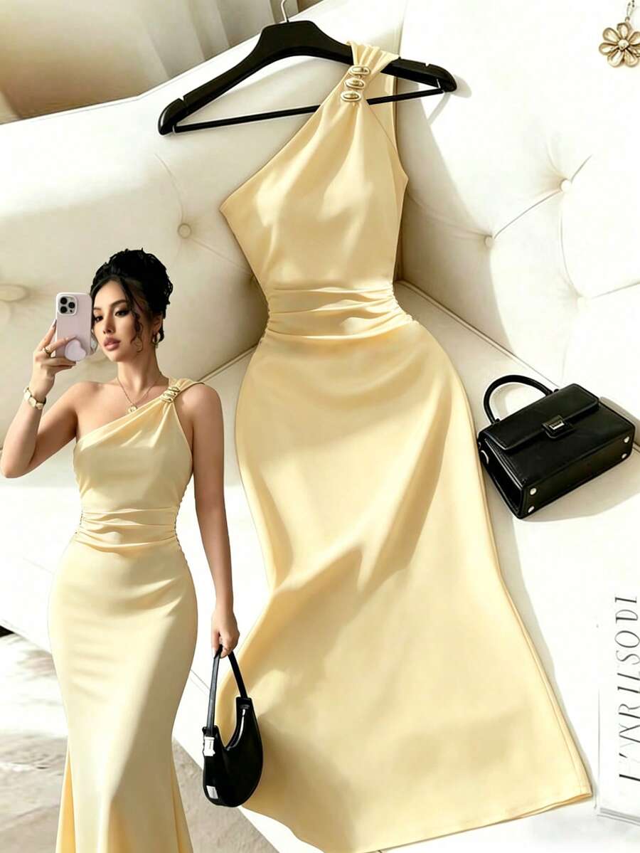 Rafferiza 女士纯色无袖金属装饰优雅连衣裙 - 黃色 - 查看 1