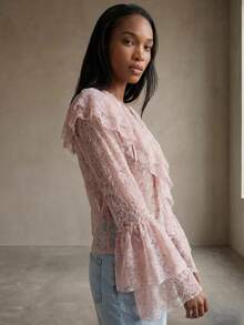 Rouah Women's V-Neck Ruffle Boho Lace Blouse - Summer Blouse, Sheer Blouse, See Thru Blouse, Blouse For Summer, Layering Blouse, Boho Blouse - Pink - View 4