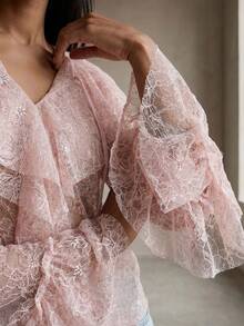 Rouah Women's V-Neck Ruffle Boho Lace Blouse - Summer Blouse, Sheer Blouse, See Thru Blouse, Blouse For Summer, Layering Blouse, Boho Blouse - Pink - View 5