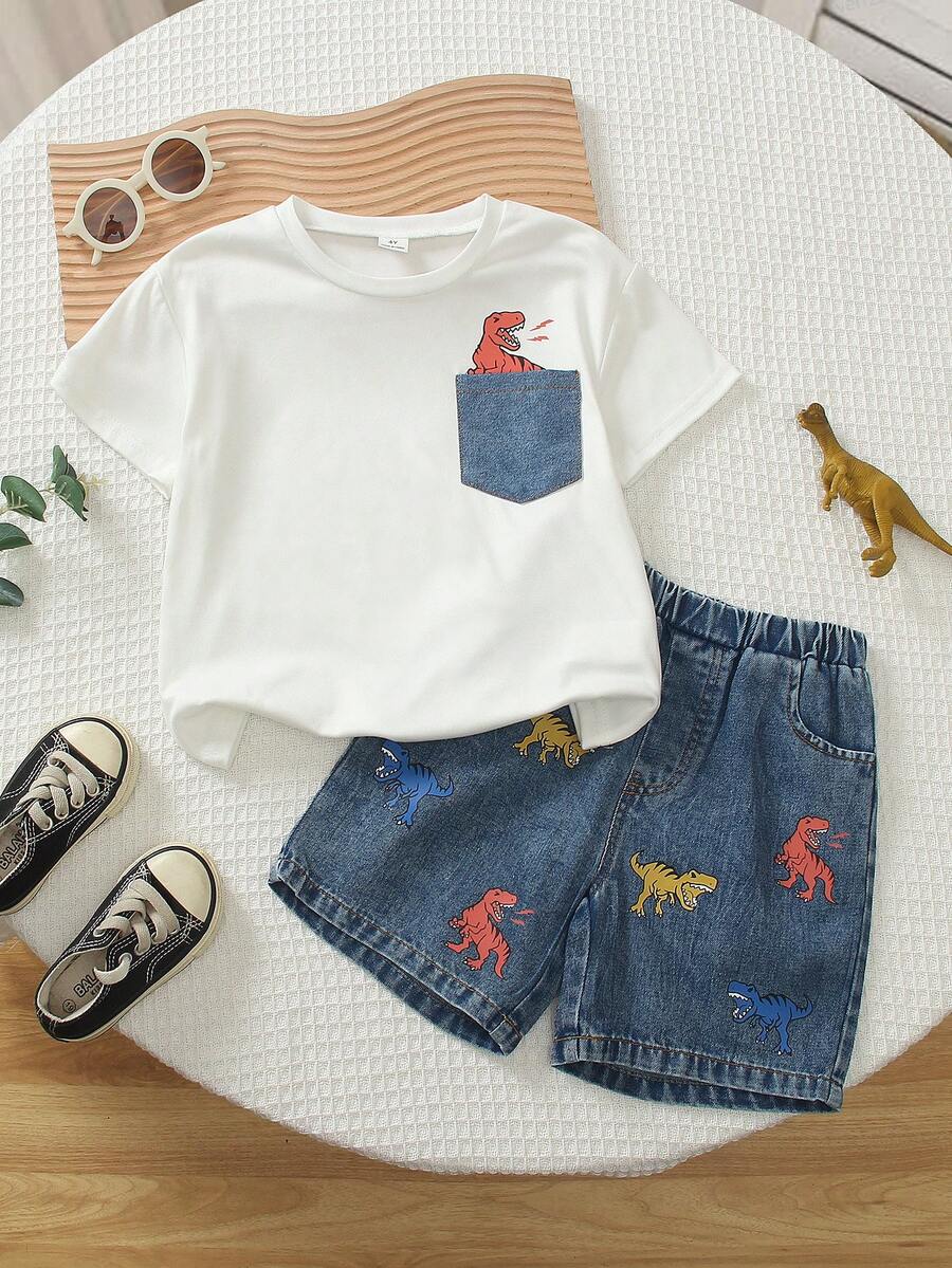SHEIN Playful Pals 2件組小男孩夏季新款俏皮休閒白色恐龍圖案印花短袖圓領T恤與水洗牛仔短褲，對比色牛仔口袋+彩色恐龍印花設計，親膚柔軟面料，適合日常通勤、戶外玩耍、遊樂園、家庭活動、開學季，春夏季適用 - 白色 - 查看 1