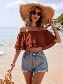 SHEIN VCAY Women's Summer Beach Vacation Style Minimalist Solid Color One-Shoulder Layered Ruffle Cropped Top,Summer Top,Brown Top - Rust Brown - View 3