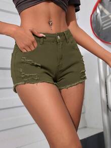 SHEIN PETITE 女款夏季休閒水洗破洞牛仔短褲，適合嬌小女性 - 軍綠色 - 查看 5